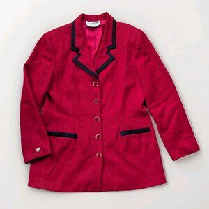 Vintage Stanley Blacker Red Wool Equestrian Blazer Womens L Black Trim 80s-90s